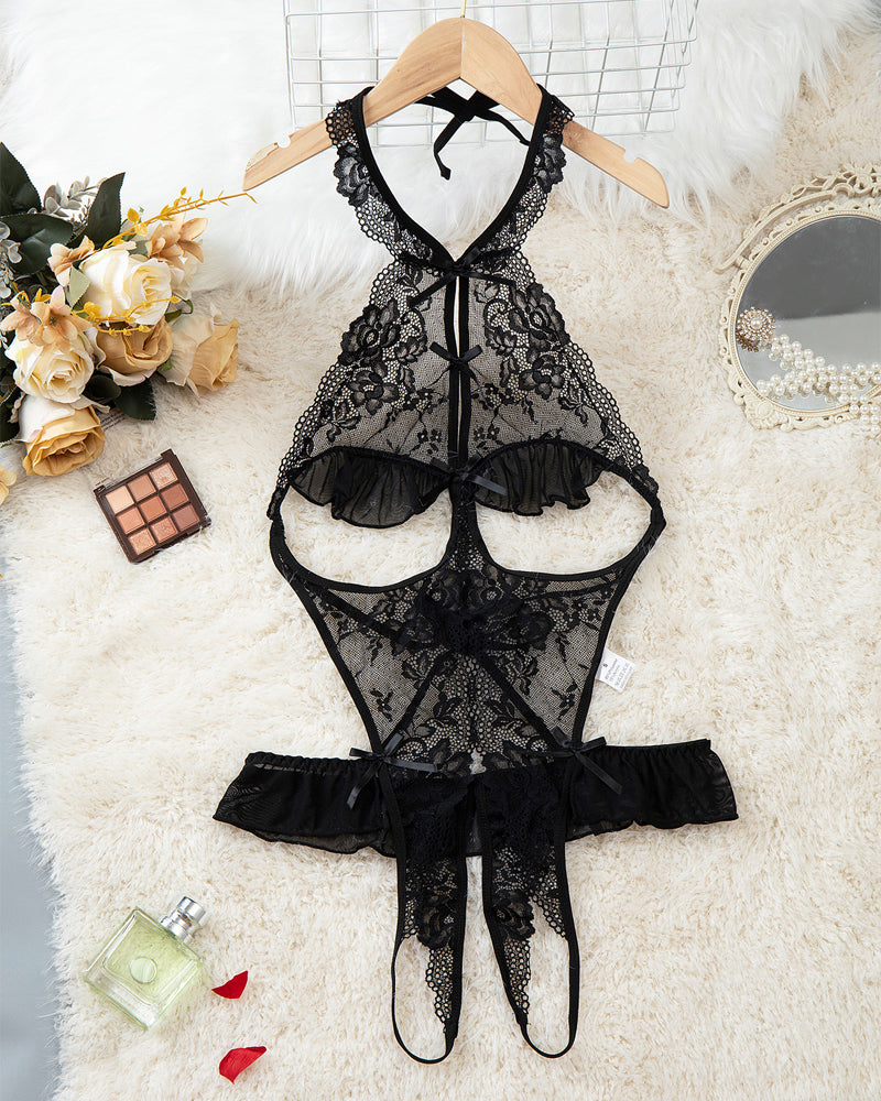 Women's Sxy Hollow Backless Transparent Floral Lace Open Crotch Design Bodysuit