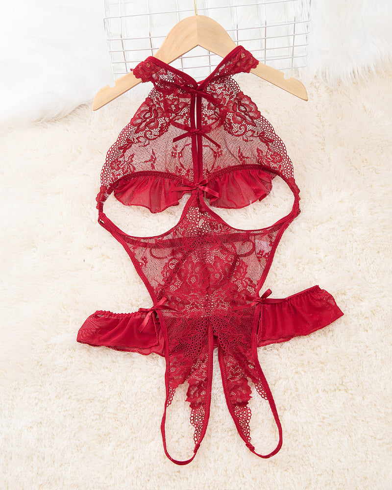 Women's Sxy Hollow Backless Transparent Floral Lace Open Crotch Design Bodysuit