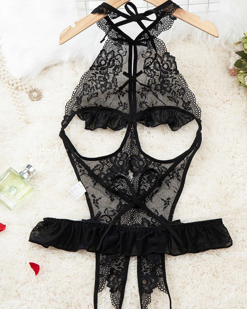 Women's Sxy Hollow Backless Transparent Floral Lace Open Crotch Design Bodysuit