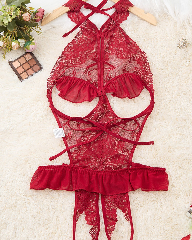 Women's Sxy Hollow Backless Transparent Floral Lace Open Crotch Design Bodysuit