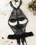 Women's Sxy Hollow Backless Transparent Floral Lace Open Crotch Design Bodysuit