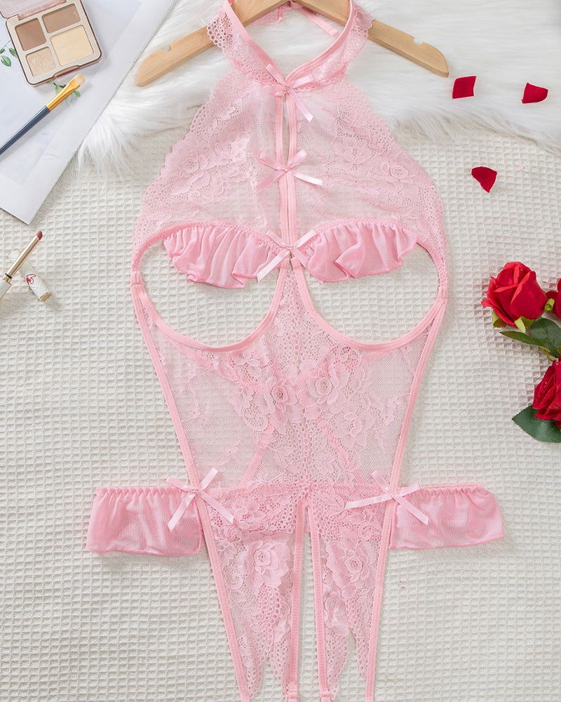 Women's Sxy Hollow Backless Transparent Floral Lace Open Crotch Design Bodysuit