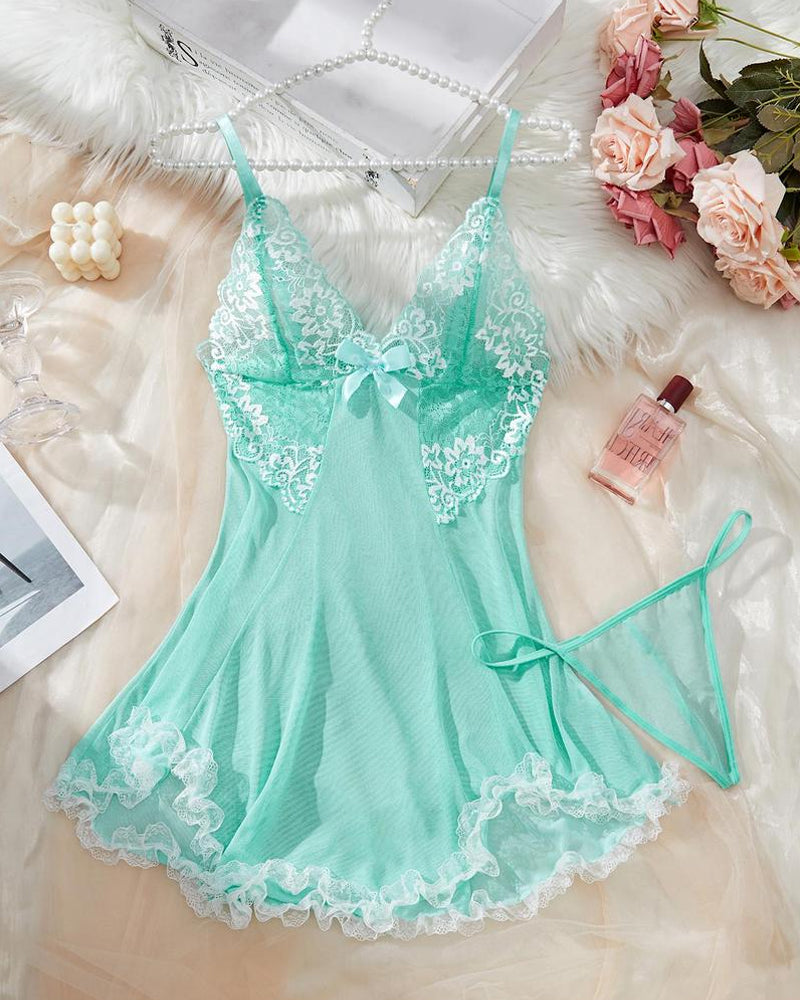 Sxy Deep V Contrast Lace Mesh Bow Decoration Suspender Nightdress (With Thong)