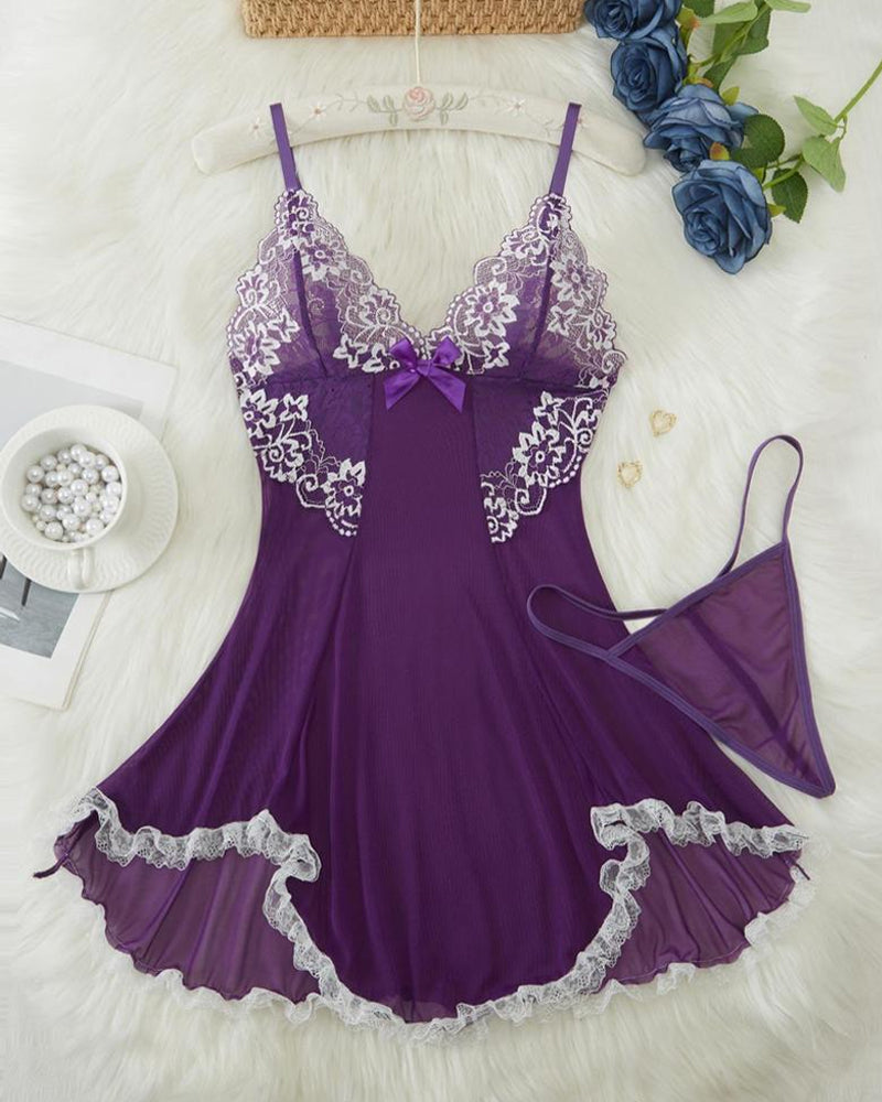 Sxy Deep V Contrast Lace Mesh Bow Decoration Suspender Nightdress (With Thong)