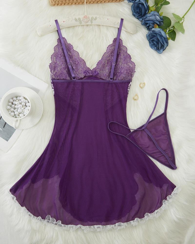 Sxy Deep V Contrast Lace Mesh Bow Decoration Suspender Nightdress (With Thong)