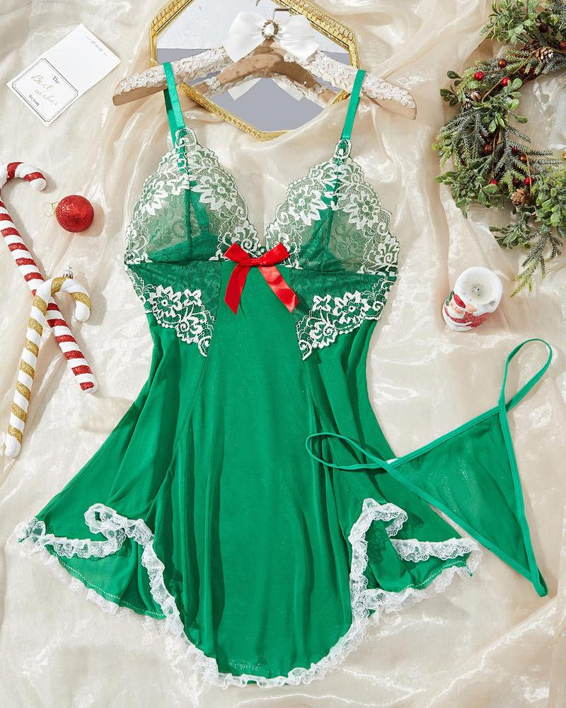 Sxy Deep V Contrast Lace Mesh Bow Decoration Suspender Nightdress (With Thong)