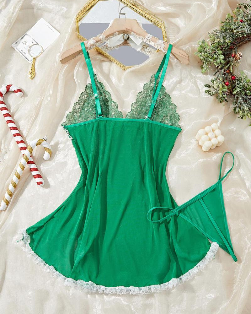 Sxy Deep V Contrast Lace Mesh Bow Decoration Suspender Nightdress (With Thong)