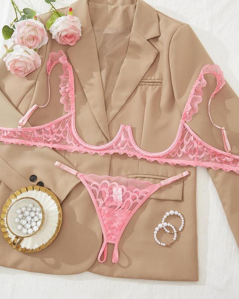 Women's Lace Sxy Underwire Spaghetti Straps Adjustable Bra and Open Crotch Design Thong Set