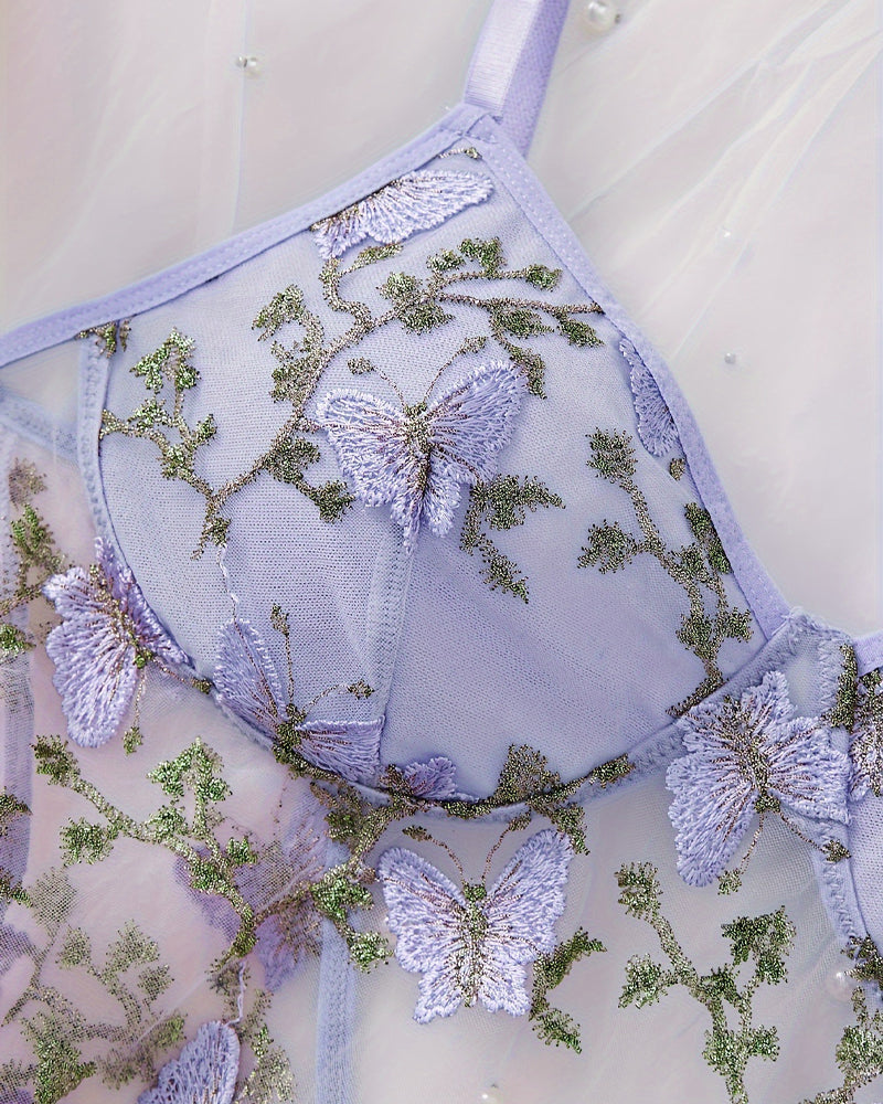 Women's Sxy Butterfly Embroidery Mesh Suspender Nightdress and Thong Set