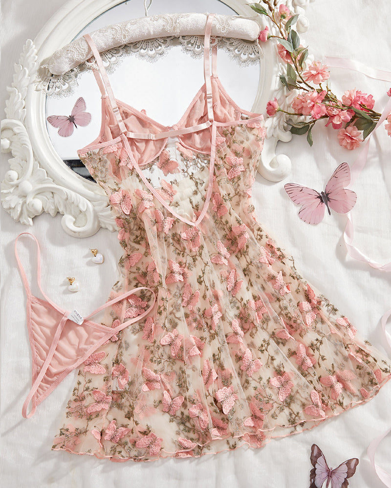 Women's Sxy Butterfly Embroidery Mesh Suspender Nightdress and Thong Set