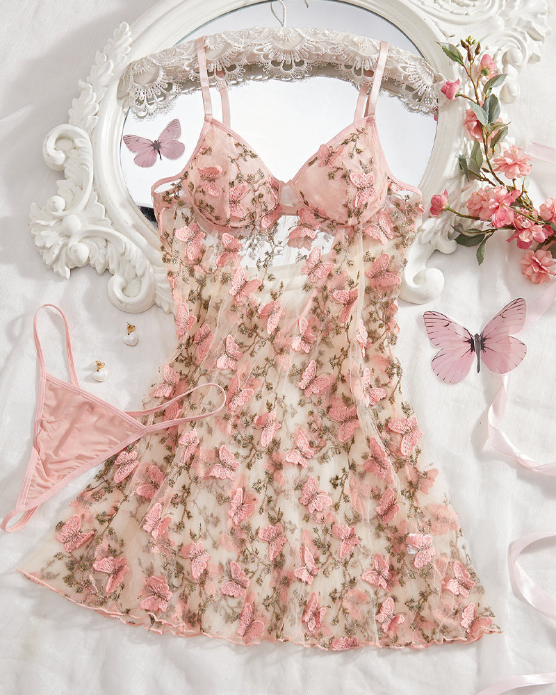 Women's Sxy Butterfly Embroidery Mesh Suspender Nightdress and Thong Set