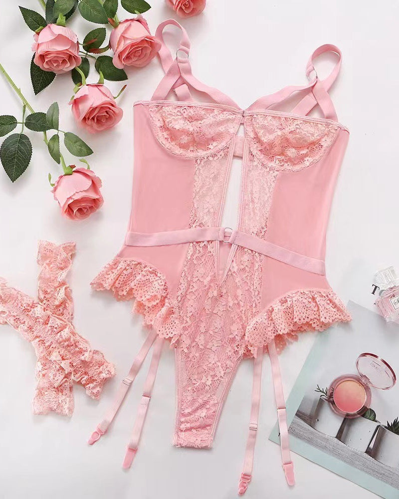 Sxy Lace Mesh Backless Ruffled Decoration Hollow Ring Buckle One-Piece Pajamas
