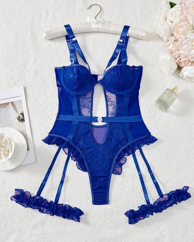 Sxy Lace Mesh Backless Ruffled Decoration Hollow Ring Buckle One-Piece Pajamas