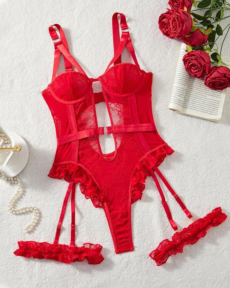 Sxy Lace Mesh Backless Ruffled Decoration Hollow Ring Buckle One-Piece Pajamas
