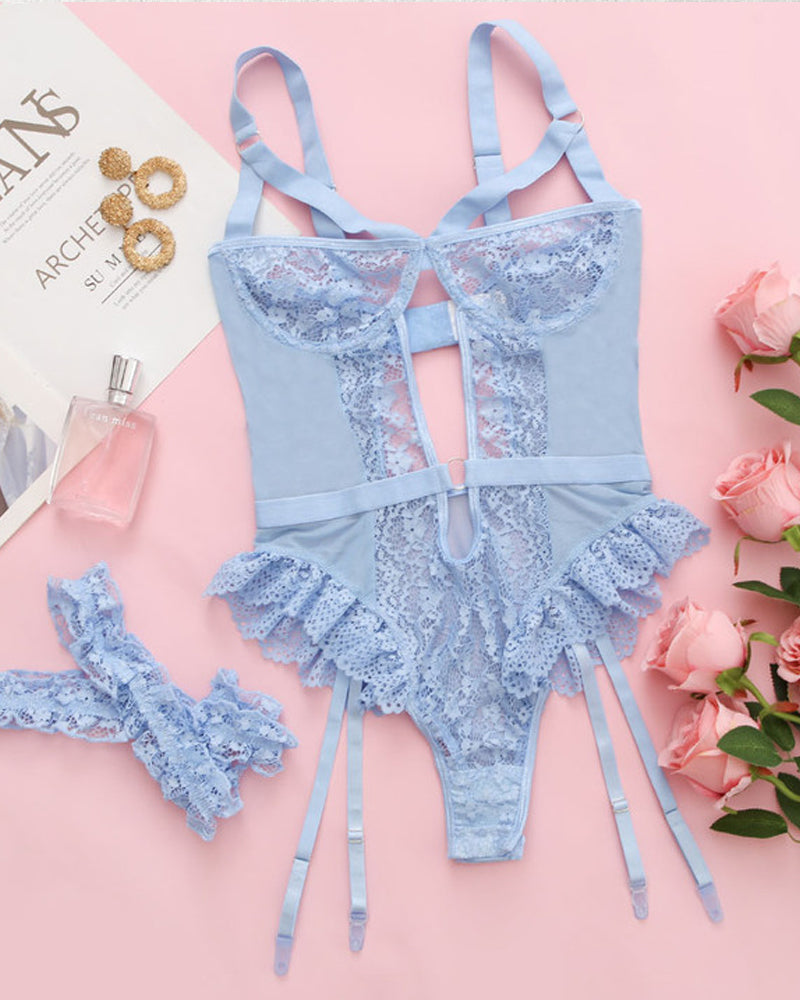 Sxy Lace Mesh Backless Ruffled Decoration Hollow Ring Buckle One-Piece Pajamas
