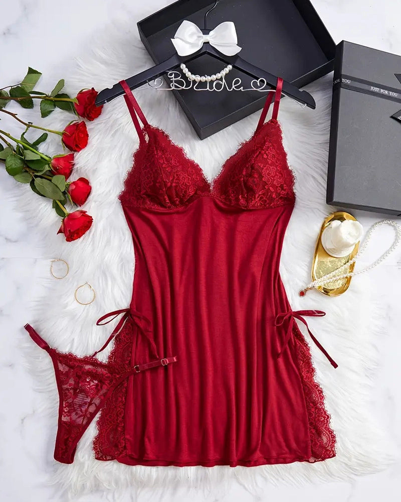 Sxy Bow Decorated Contrast Lace Suspender Nightdress Nightdress and Thong Set