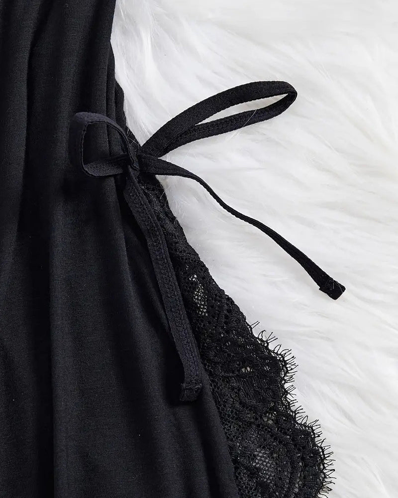Sxy Bow Decorated Contrast Lace Suspender Nightdress Nightdress and Thong Set