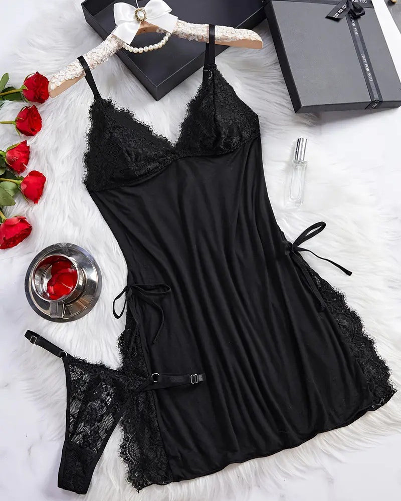 Sxy Bow Decorated Contrast Lace Suspender Nightdress Nightdress and Thong Set