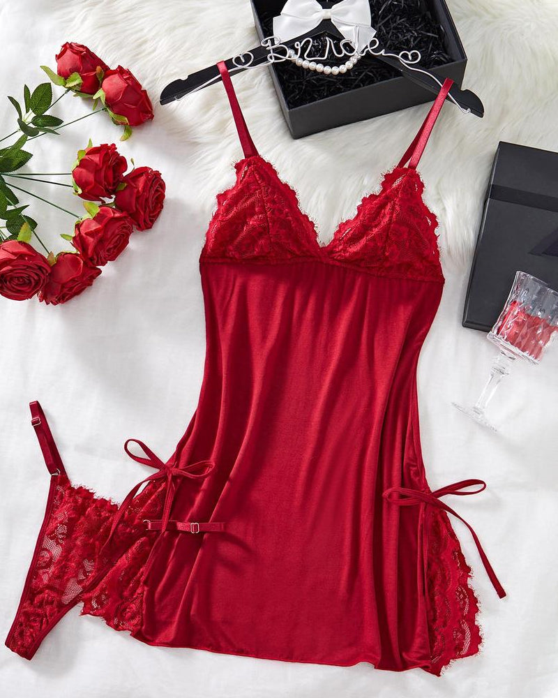 Sxy Bow Decorated Contrast Lace Suspender Nightdress Nightdress and Thong Set
