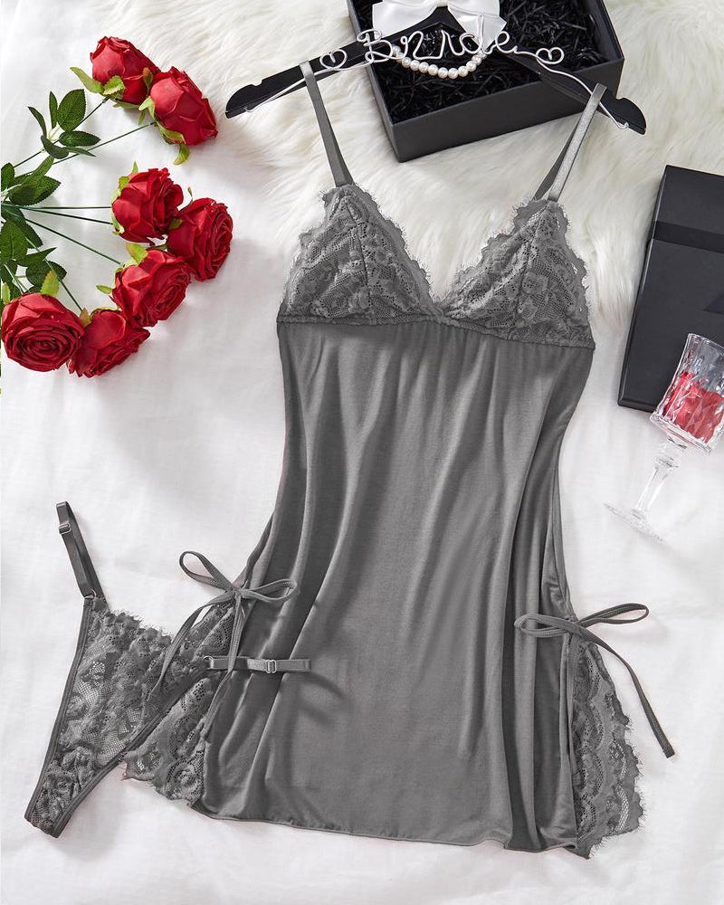 Sxy Bow Decorated Contrast Lace Suspender Nightdress Nightdress and Thong Set