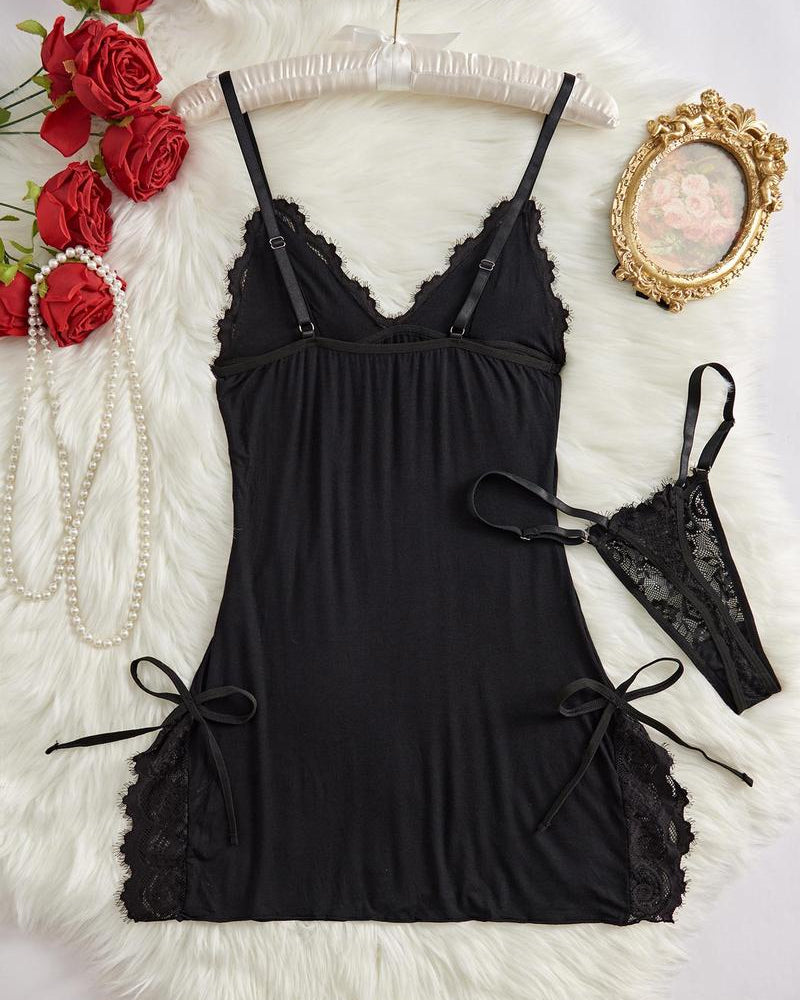 Sxy Bow Decorated Contrast Lace Suspender Nightdress Nightdress and Thong Set