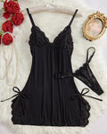 Sxy Bow Decorated Contrast Lace Suspender Nightdress Nightdress and Thong Set