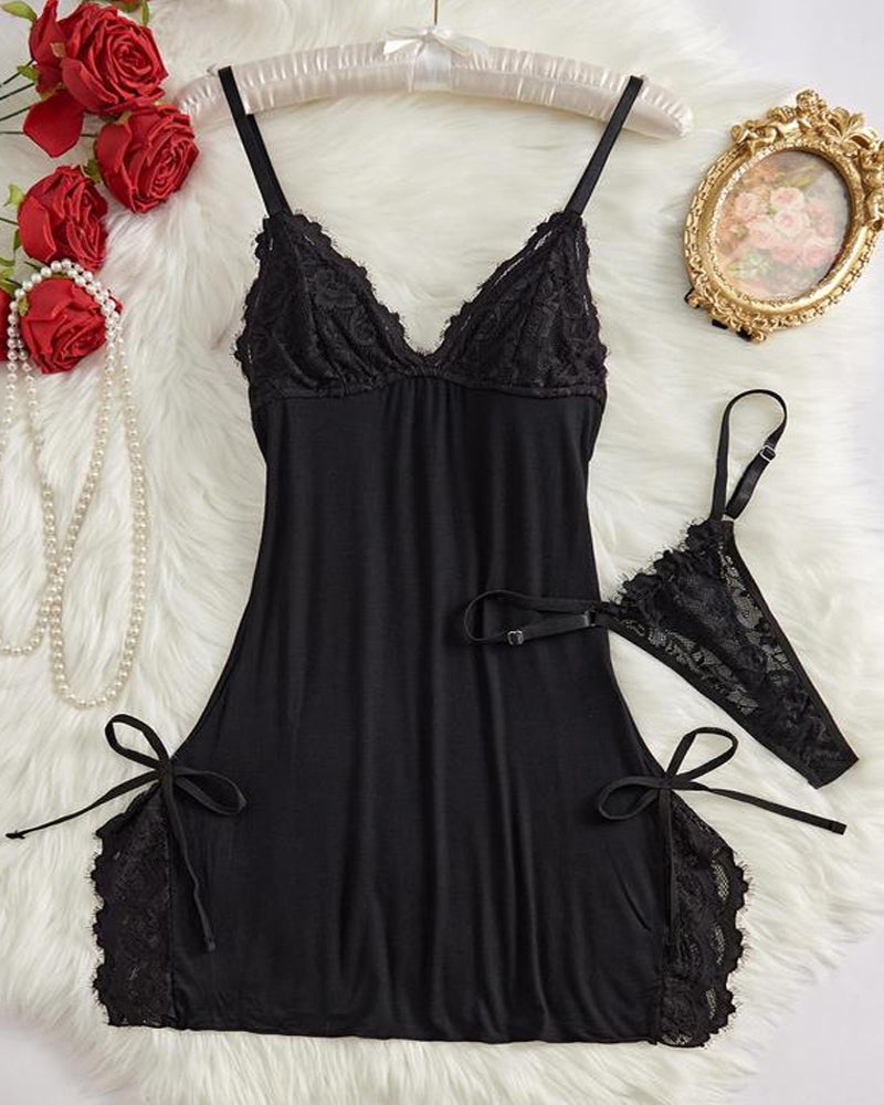 Sxy Bow Decorated Contrast Lace Suspender Nightdress Nightdress and Thong Set