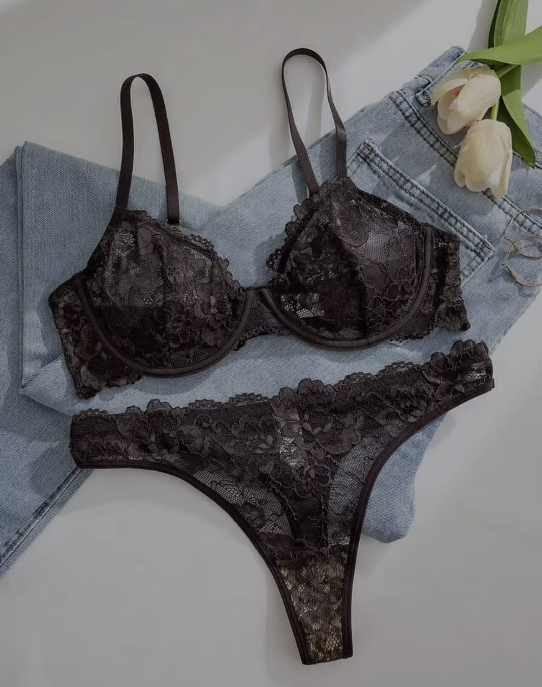 Tranparent UltraThin Floral Emroidery Bra Set